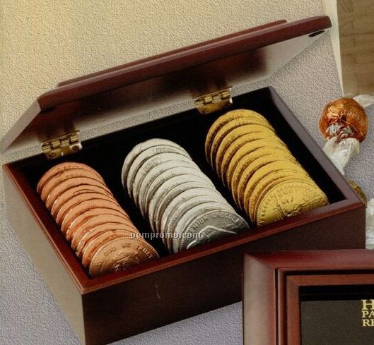 Mahogany Toned Wooden Gift Box W/ 2" Chocolate Wrapped Coins