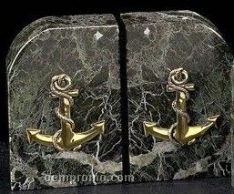 Green Marble Gold Plated Anchor Bookends