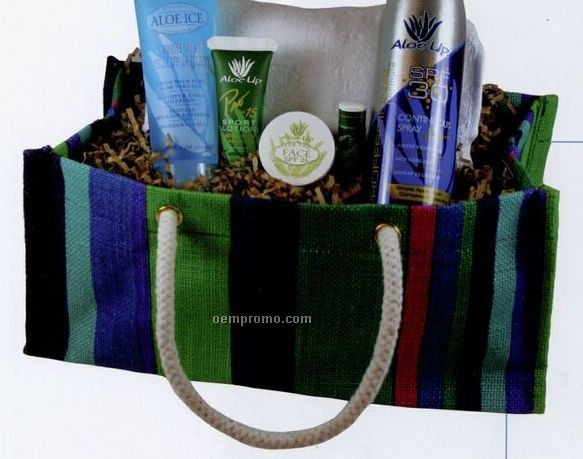 Jute Collapsible Striped Basket W/ Towel & Sun Essential Products