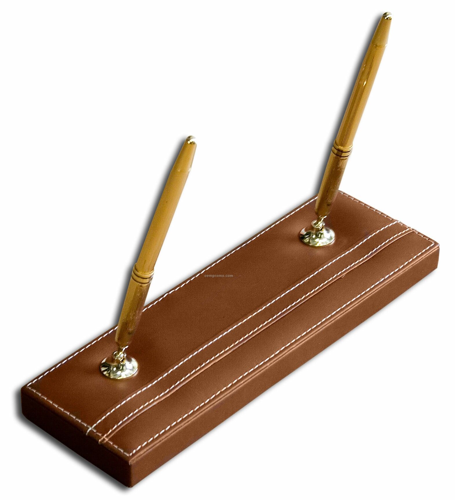 Brown Rustic Leather Double Pen Stand