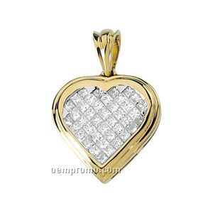 14ky/Rhodium Plated 1 Ct Tw Diamond Square Princess Heart Pendant
