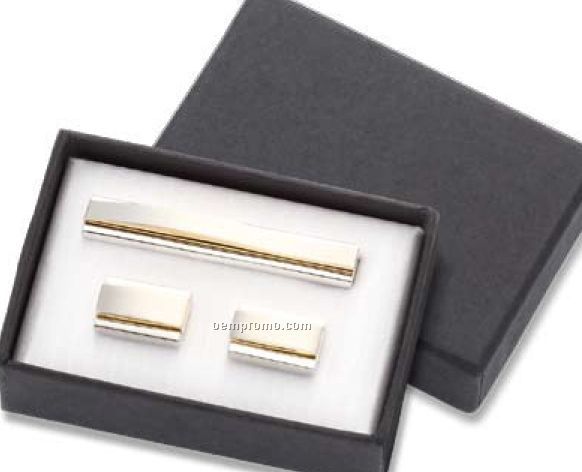 2 Tone Gold/Silver Metal Cufflinks W/ Matching Tie Clip