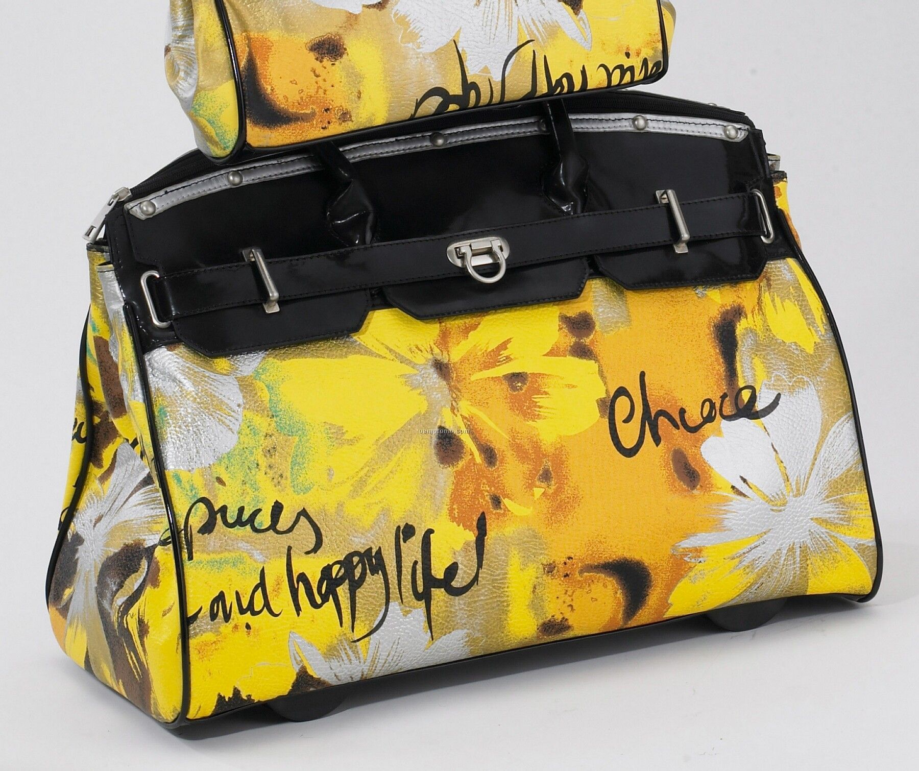 Rolling Tote Bag - Yellow Floral Pattern