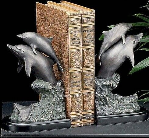 Bronze Brass Dolphin Bookend On Wood Base