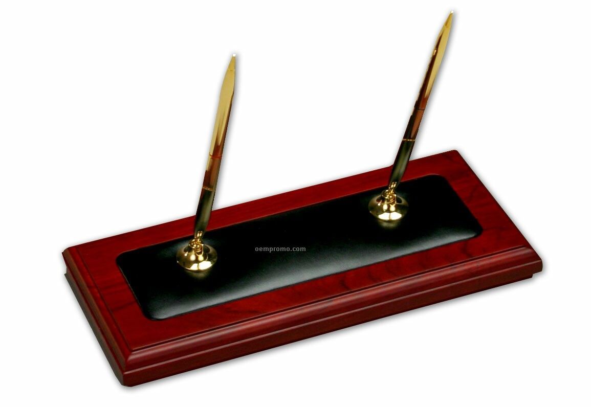 Rosewood Wood & Leather Double Pen Stand