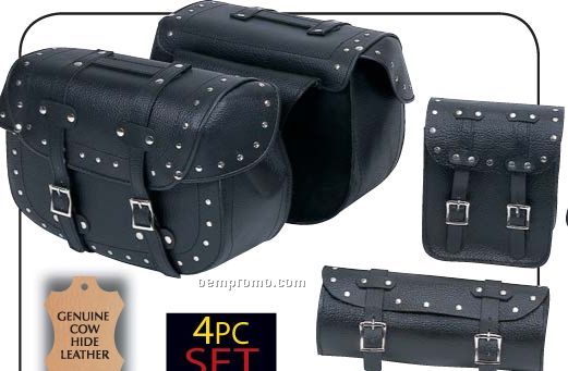 Diamond Plate 4 PC Studded Genuine Cowhide Leather Motorcycle Luggage Set