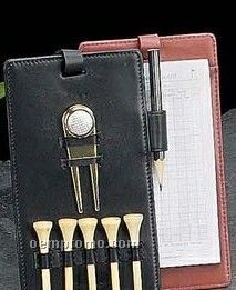 Golf Score Card W/ Tees, Marker & Divot Tool - Brown Leather