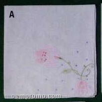 15" Ladies 100% Cotton Handkerchief With 2 Pink Flowers