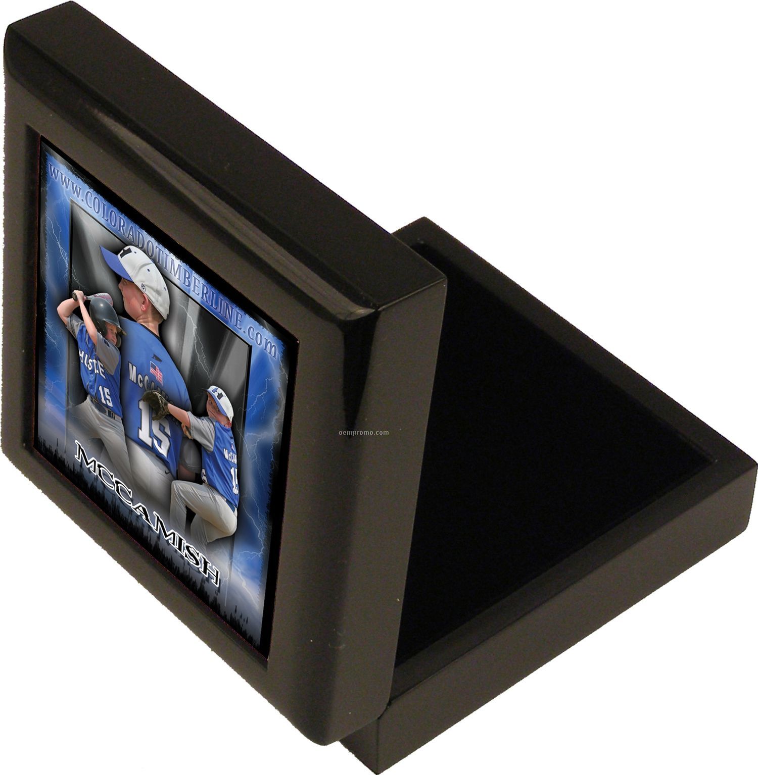 Black Lacquer Hinged Jewelry Box With Picture Tile Top