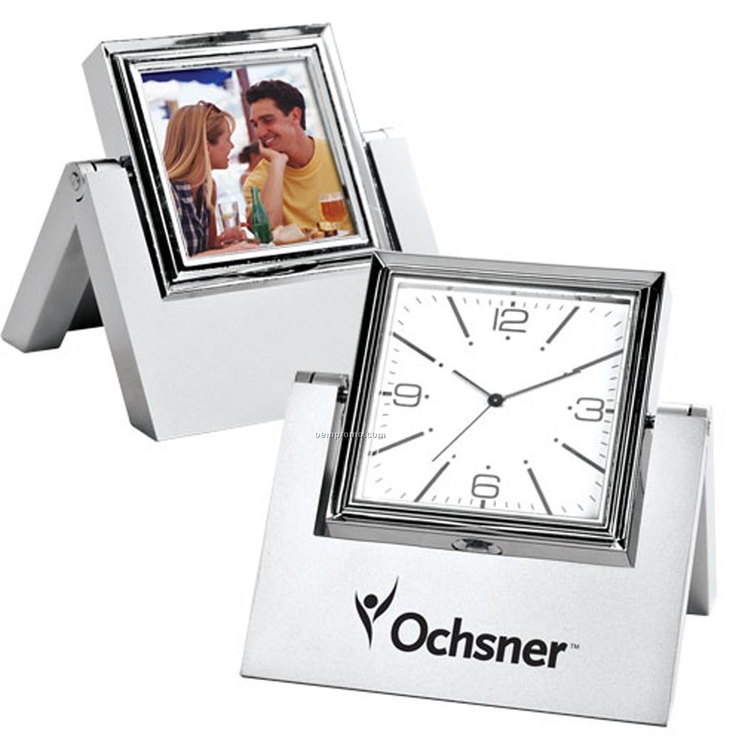 In-line Rotating Silver Clock And Photo Frame