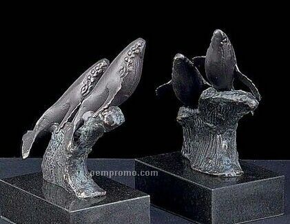 Bronzed Metal Humpback Whale Bookend W/ Black Marble Base
