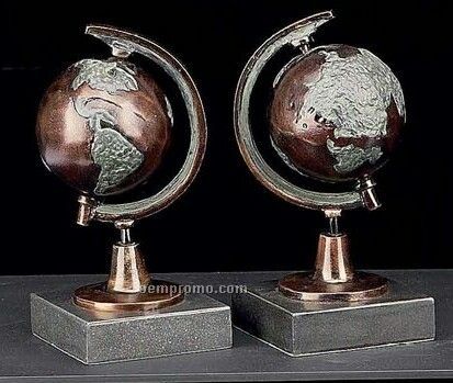 Bronzed Globe Book Ends On Marble Base