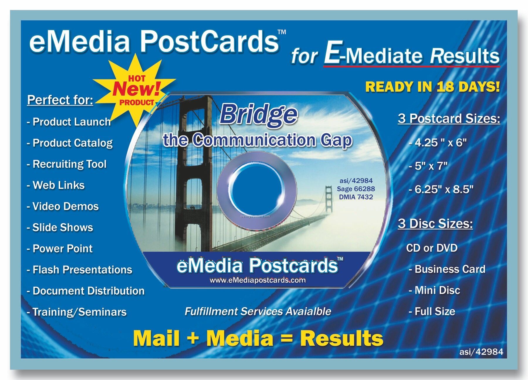 Emedia Post Card, 4" X 6" With CD Business Card