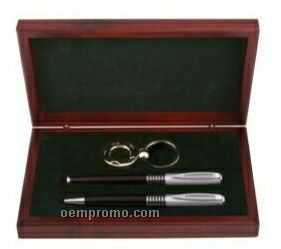 Six Ring Ballpoint Pen/Roller Pen & Key Holder In Wooden Box