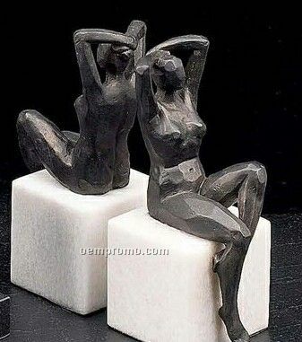 Bronzed Woman Book Ends On White Marble Base