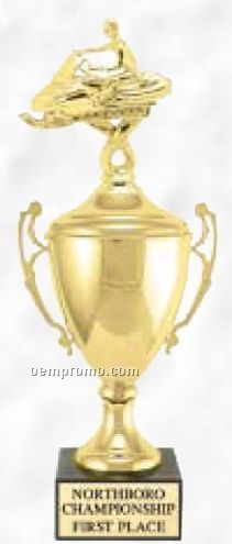 14" Grand Series Metal Trophy Cup W/ Lid & Figure On Black Marble Base