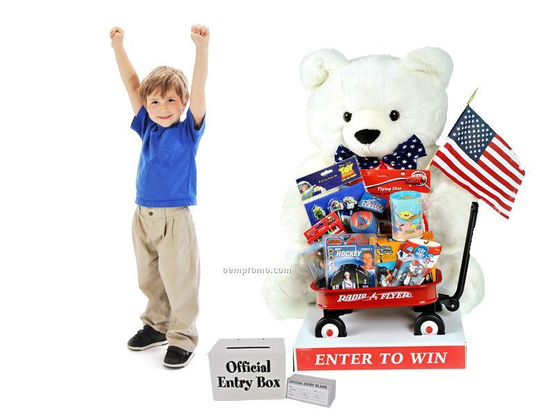 Patriotic Bernie The Bear Toy Promotional Display With Toy Filled Wagon