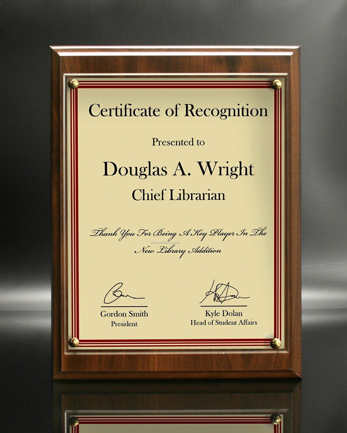 Certificate On Simulate Cherry Panel With Acrylic Cover