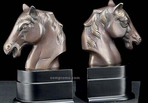 Bronzed Brass Horse Bookend On Wood Base