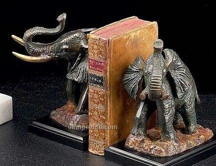 Elephant Bronzed Brass On Wood Bookend