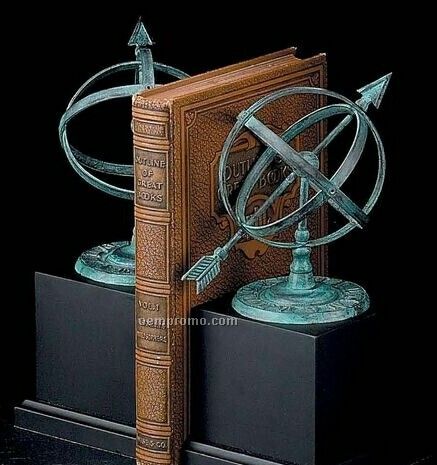 Brass Sundial Verdigris Finished Metal Bookend On Wood Base