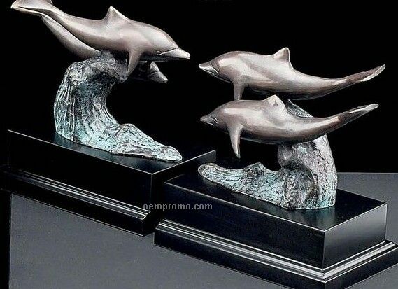 Bronzed / Patina Finished Brass Dolphin Bookend On Wood Base