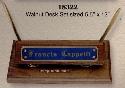 Walnut Name Block Desk Set W/ 2 Pens