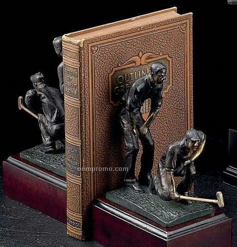 Bronzed Metal Double Golfers On Wood Base Bookends