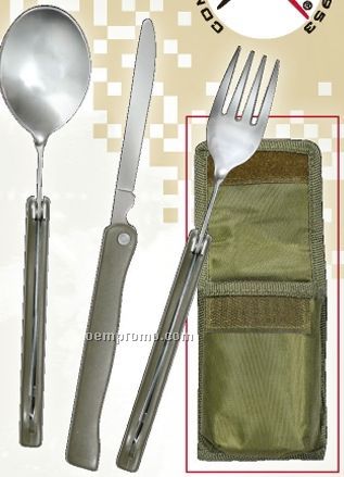 Military Olive Green Drab 3 Piece Folding Chow Kit With Knife & Spoon