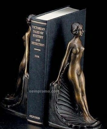 Bronzed Deco Lady On Wood Bookends