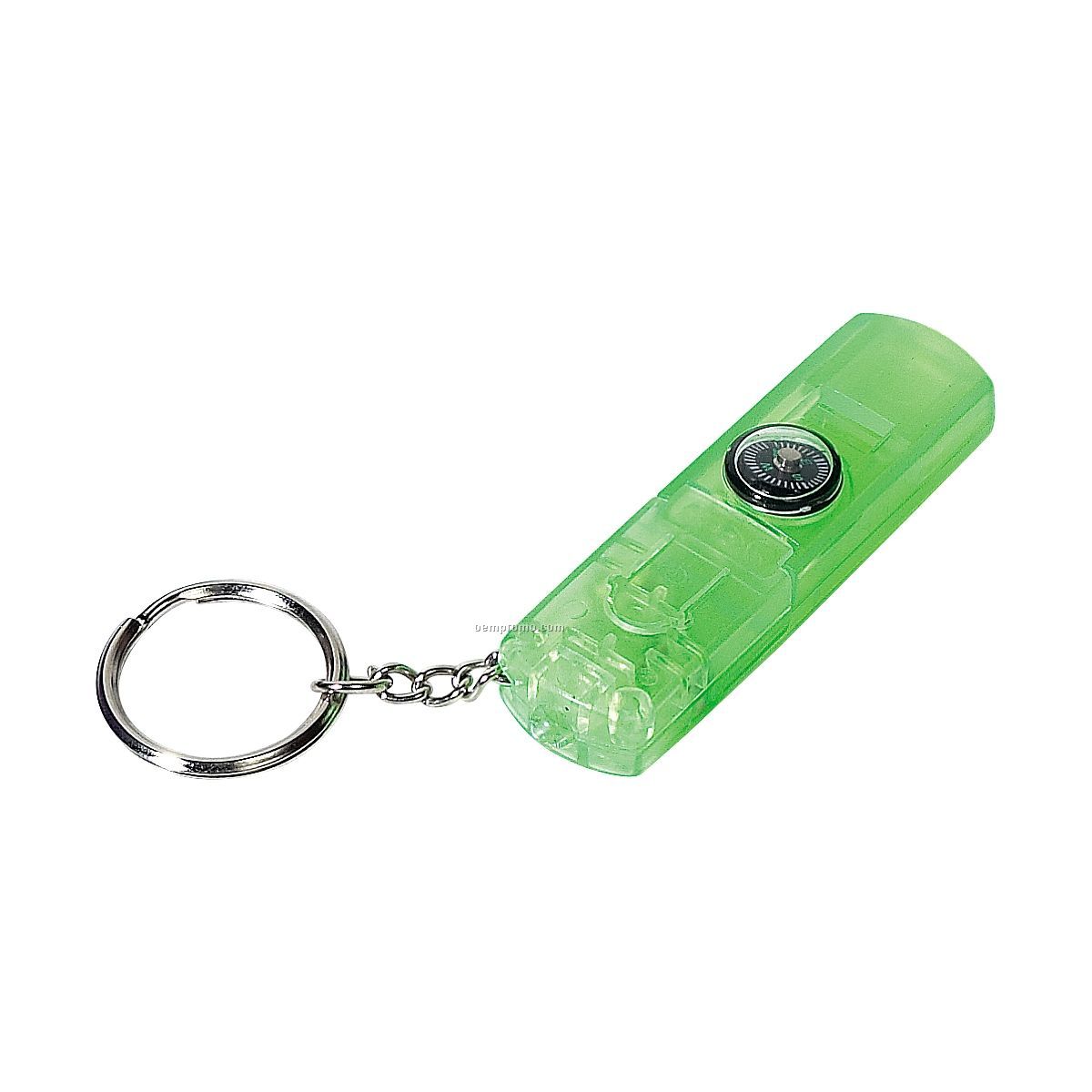 Green Light Up Whistle Keychain W/ Compass & Red LED