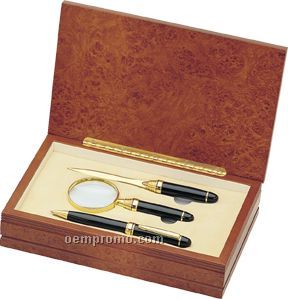 Executive Brass Pen With Letter Opener And Magnifier Gift Set In Wood Box