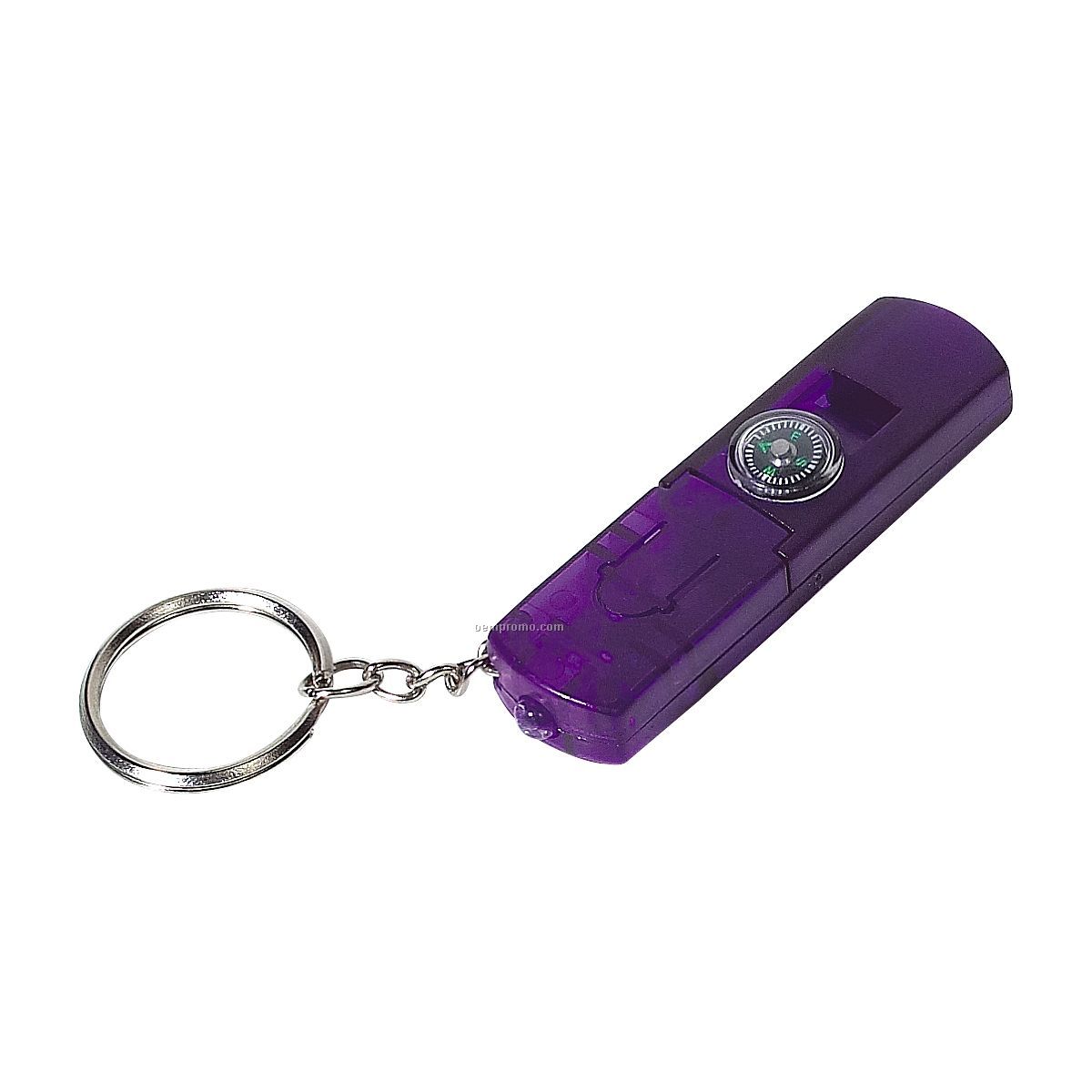 Purple Light Up Whistle Keychain W/ Compass & Red LED