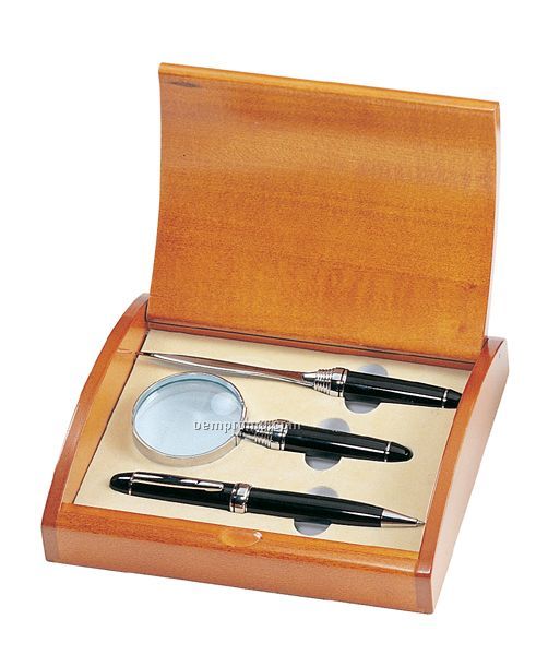 Executive Brass Pen With Letter Opener & Magnifier Gift Set In Wooden Box