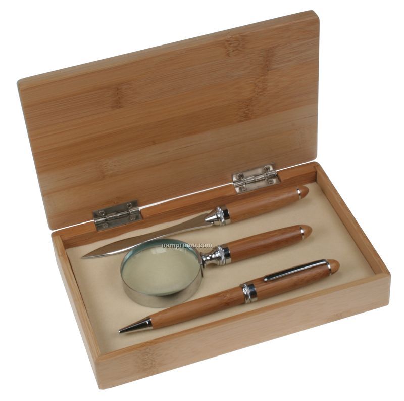 Bamboo Pen, Letter Opener And Magnifier Gift Set