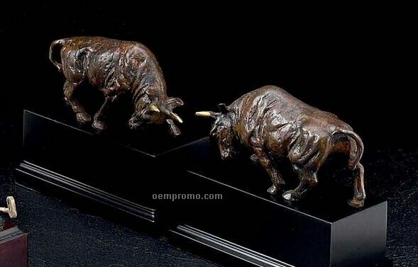 Double Bull Marbleized Brass On Wood Bookends