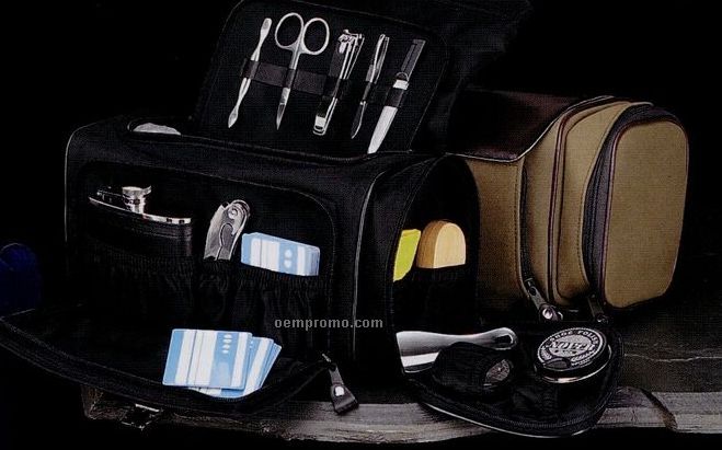 Nylon Tote Bag W/ Flask, Bar Tool, Cards, Shoe Shine Kit & Manicure Set