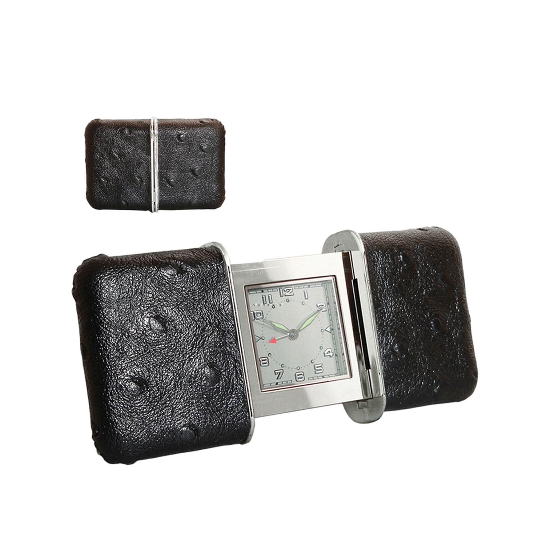 Sliding Travel Alarm Clock W/ Black Leather Case
