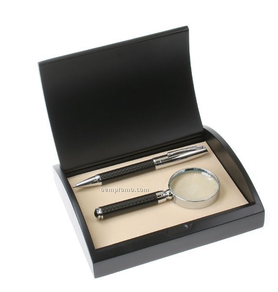 Carbon Fiber Pen & Magnifier Glass Gift Set
