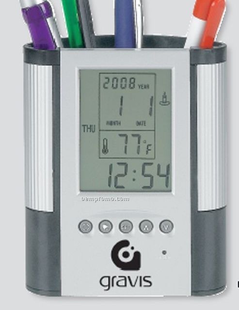 Pen Cup W/ Digital Alarm Clock & Thermometer