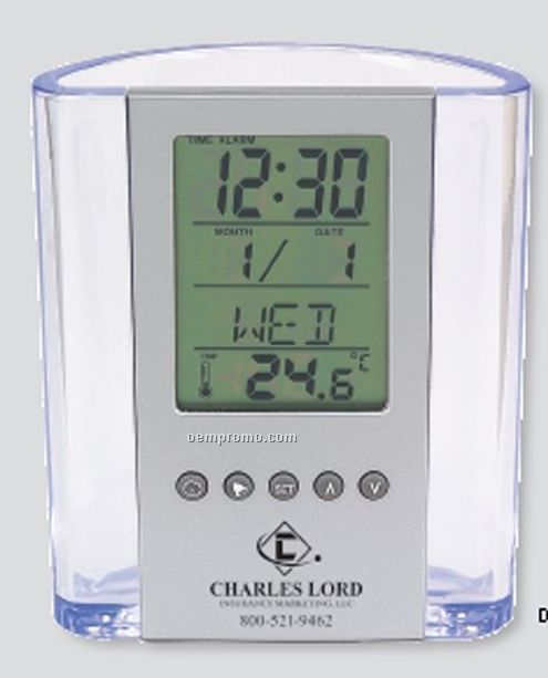 Clear Pen Cup W/ Digital Alarm Clock & Thermometer