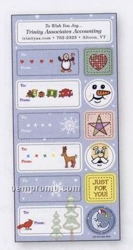 White Paper Christmas Holiday Sticker Sheet W/ 6 Labels & 6 Decorations