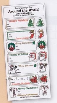 White Paper Christmas Holiday Sticker Sheet W/ 7 Labels & 7 Decorations