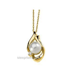 14ky 6mm Cultured Pearl & .02 Ct Tw Round Pendant W/ 18" Rope Chain