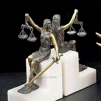Bronzed Seated Lady Justice Book Ends On White Marble Base