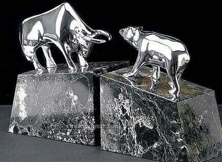 Bull & Bear Solid Brass Chrome Plated Bookend On Marble Base