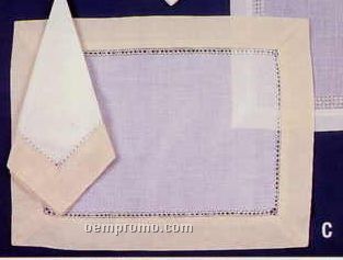 8 Piece White Placemat And Napkin Set With Ecru Brown Border
