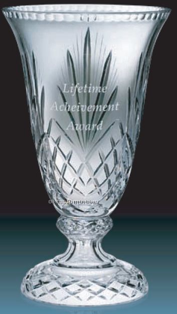Hand Cut Crystal Vase W/ Wide Mouth & Decorated Round Bottom /18"