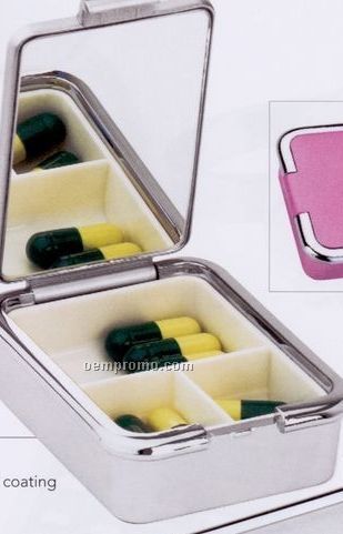 Square Pill Box With Mirror (Silver)
