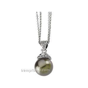 14kw 9mm Freshwater Cultured Black Pearl & .07 Ct Diamond Round Necklace